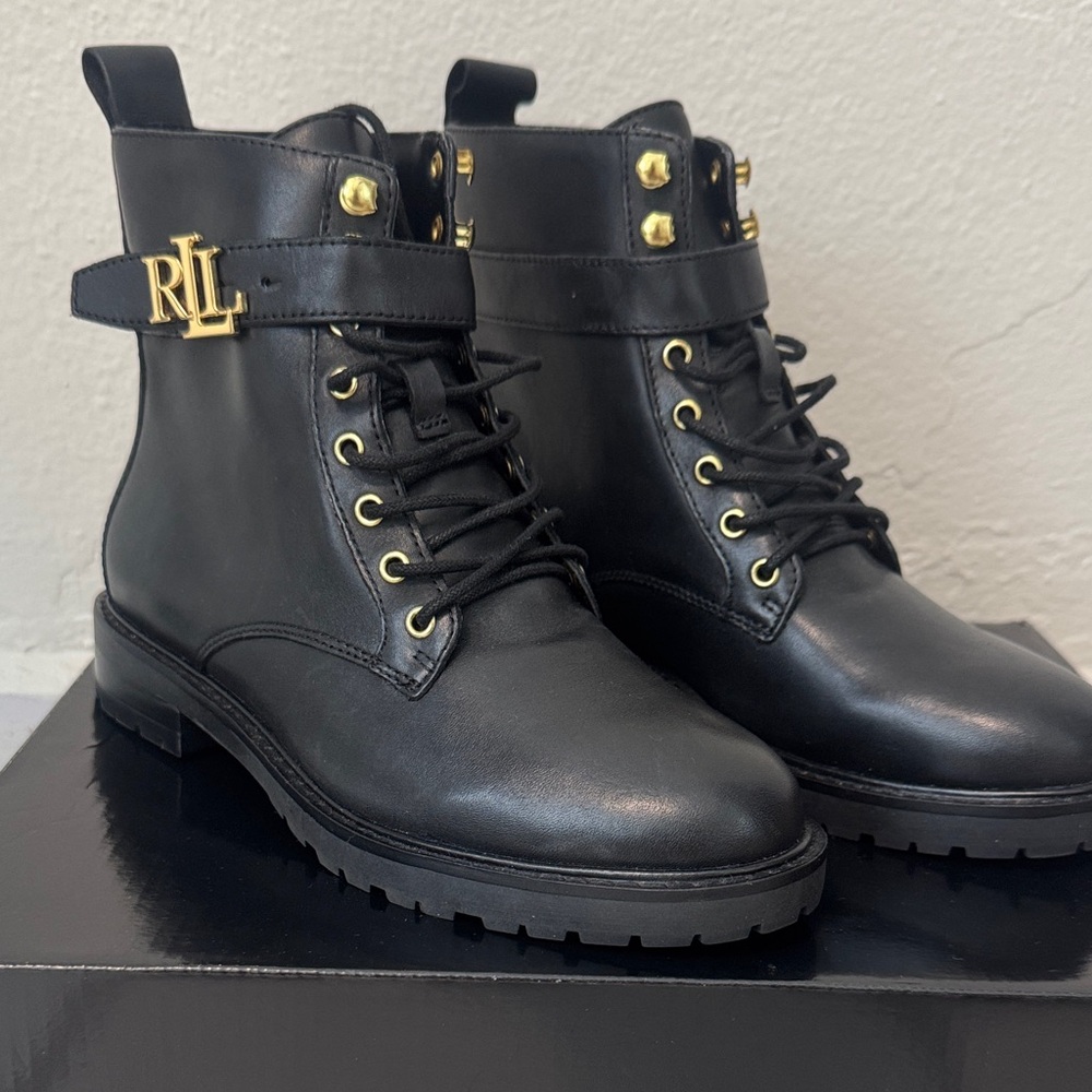 Brand new! Never worn – Ralph Lauren Black Leather Combat Boots w/ Gold Accents